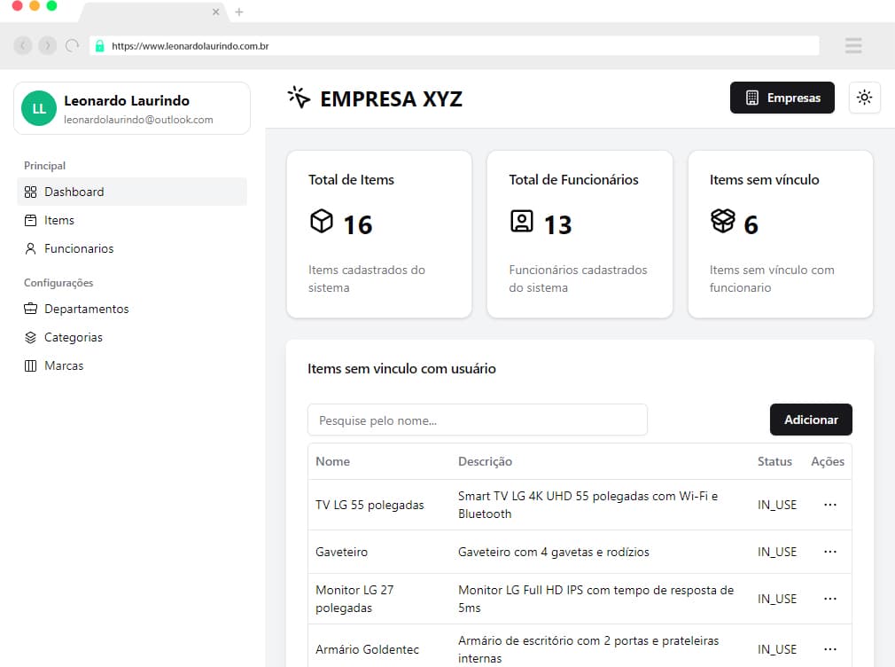 Dashboard do Sistema de Patrimônio
